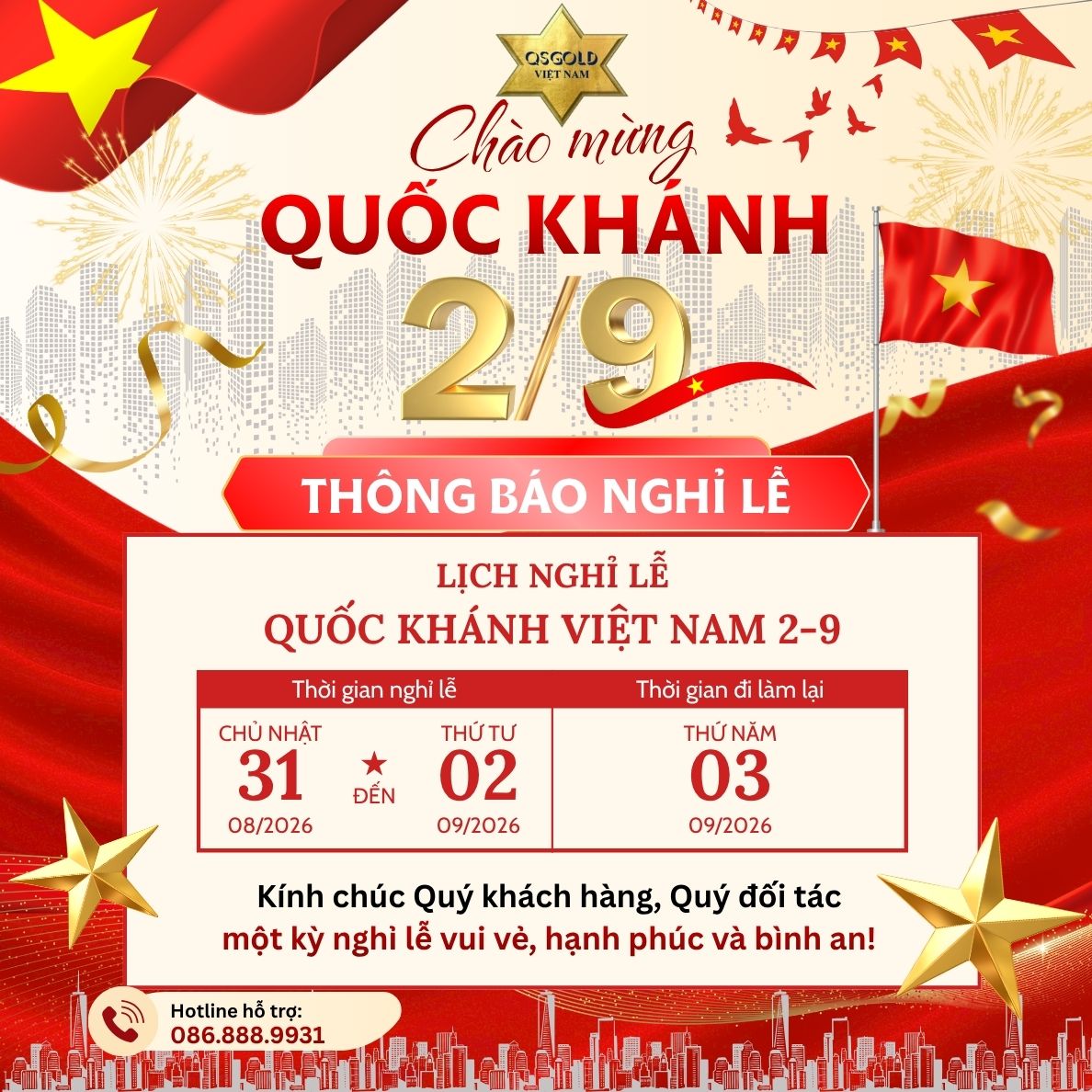 THÔNG BÁO NGHỈ LỄ QUỐC KHÁNH 02/09/2026 THÔNG BÁO NGHỈ LỄ QUỐC KHÁNH 02/09/2026