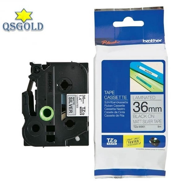 Băng nhãn chữ đen, nền bạc Brother TZE-M961 (36mmx8m​).
